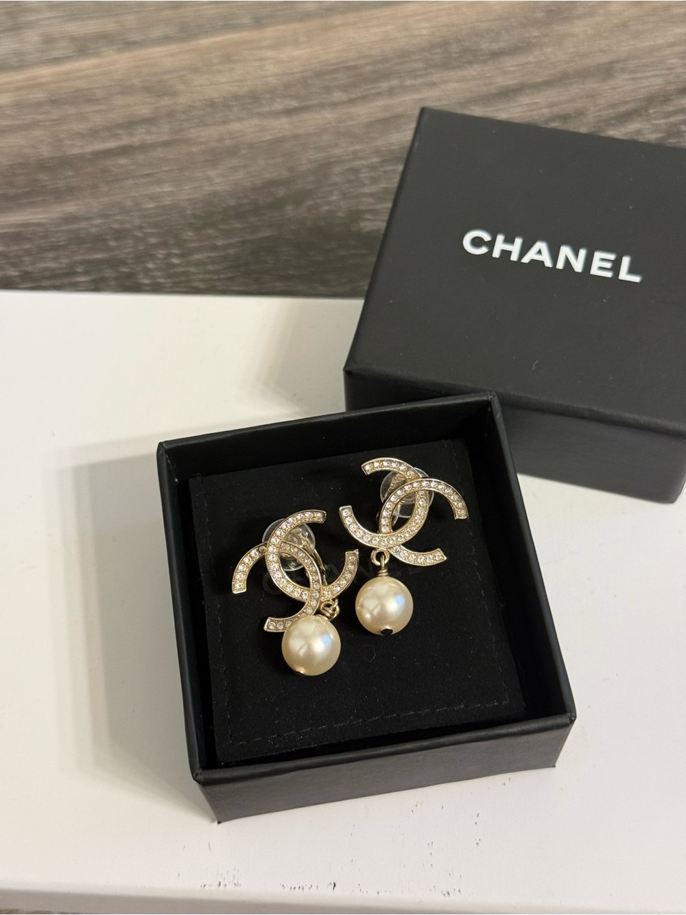 CHANEL Gold Crystal CC Pearl Drop Clip On Earrings
